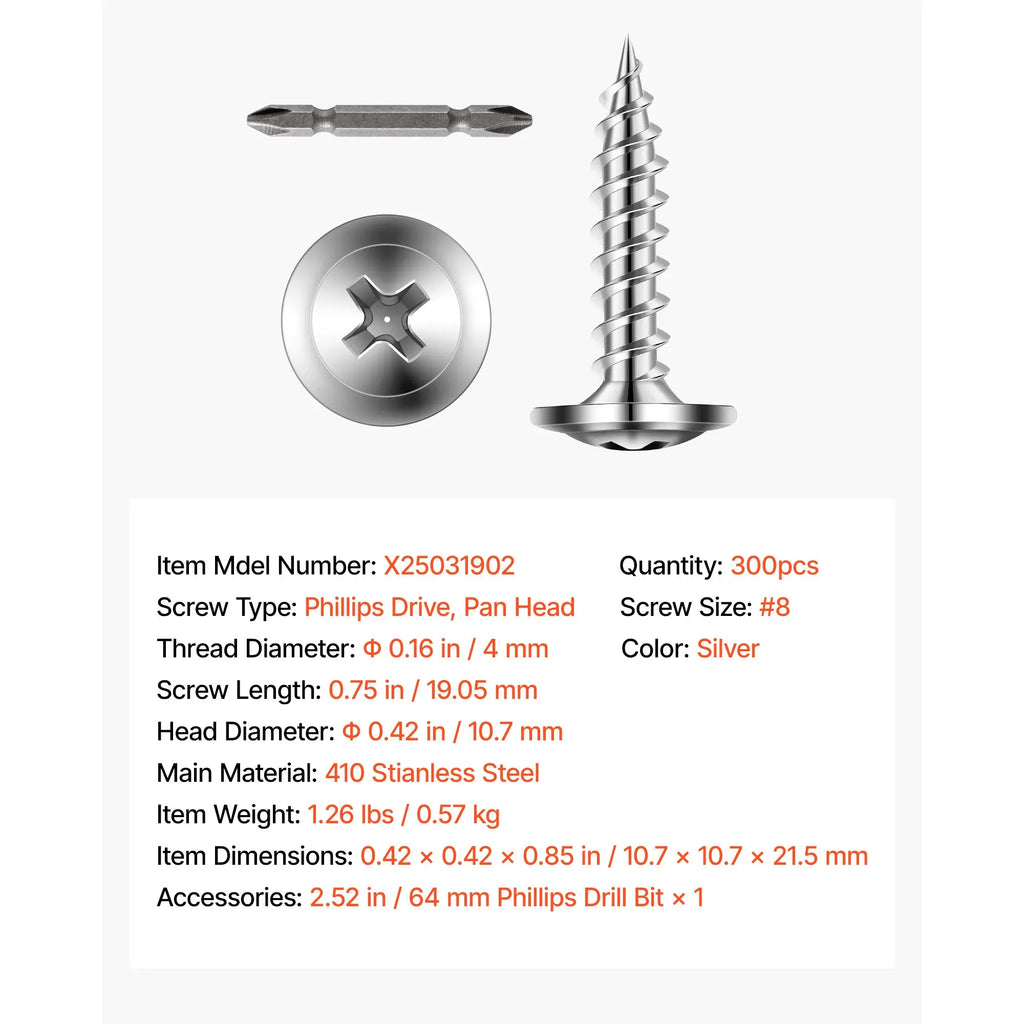 Stainless Steel Screws, #8 Wood Screws, 3/4 Inch Screws, Phillips Pan Head Screws, Wood Screws, Stainless Steel Wood Screws, General Purpose Screws, 300 Pack Screws