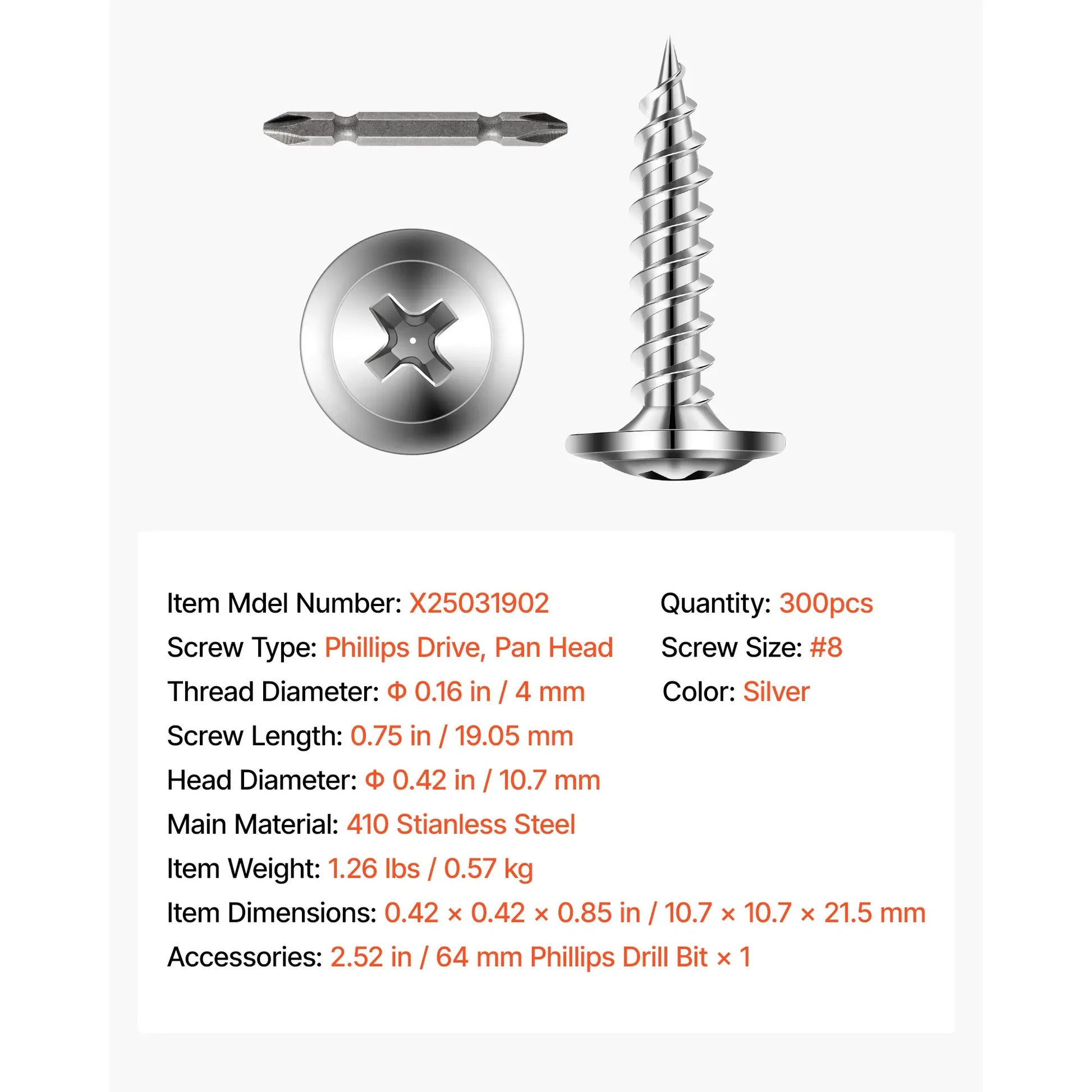 Stainless Steel Screws, #8 Wood Screws, 3/4 Inch Screws, Phillips Pan Head Screws, Wood Screws, Stainless Steel Wood Screws, General Purpose Screws, 300 Pack Screws