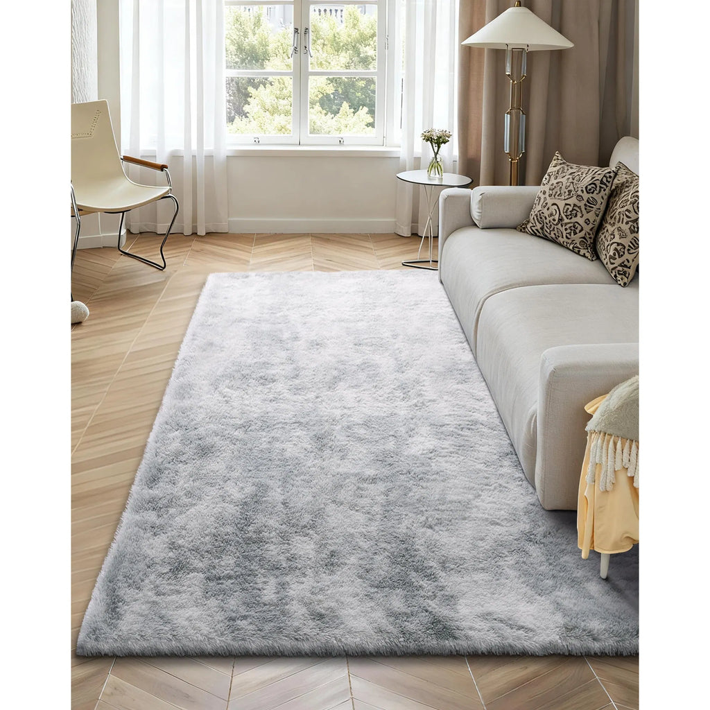 Soft Fluffy Shag Area Rug 6 x 9 ft, Tie-Dye Light Gray, Non-Slip Non-Shedding Plush Carpet for Living Room & Bedroom