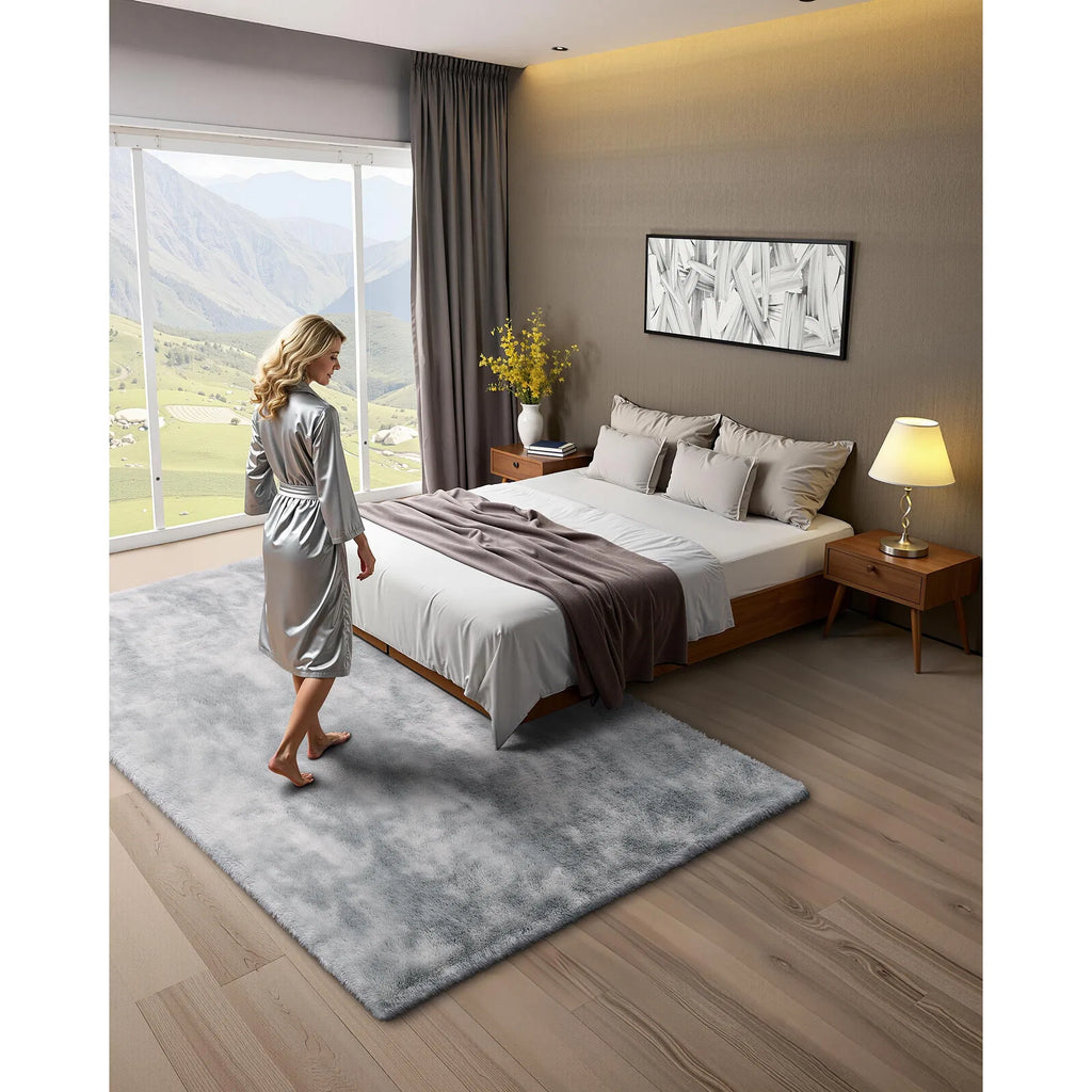 Soft Fluffy Shag Area Rug 6 x 9 ft, Tie-Dye Light Gray, Non-Slip Non-Shedding Plush Carpet for Living Room & Bedroom