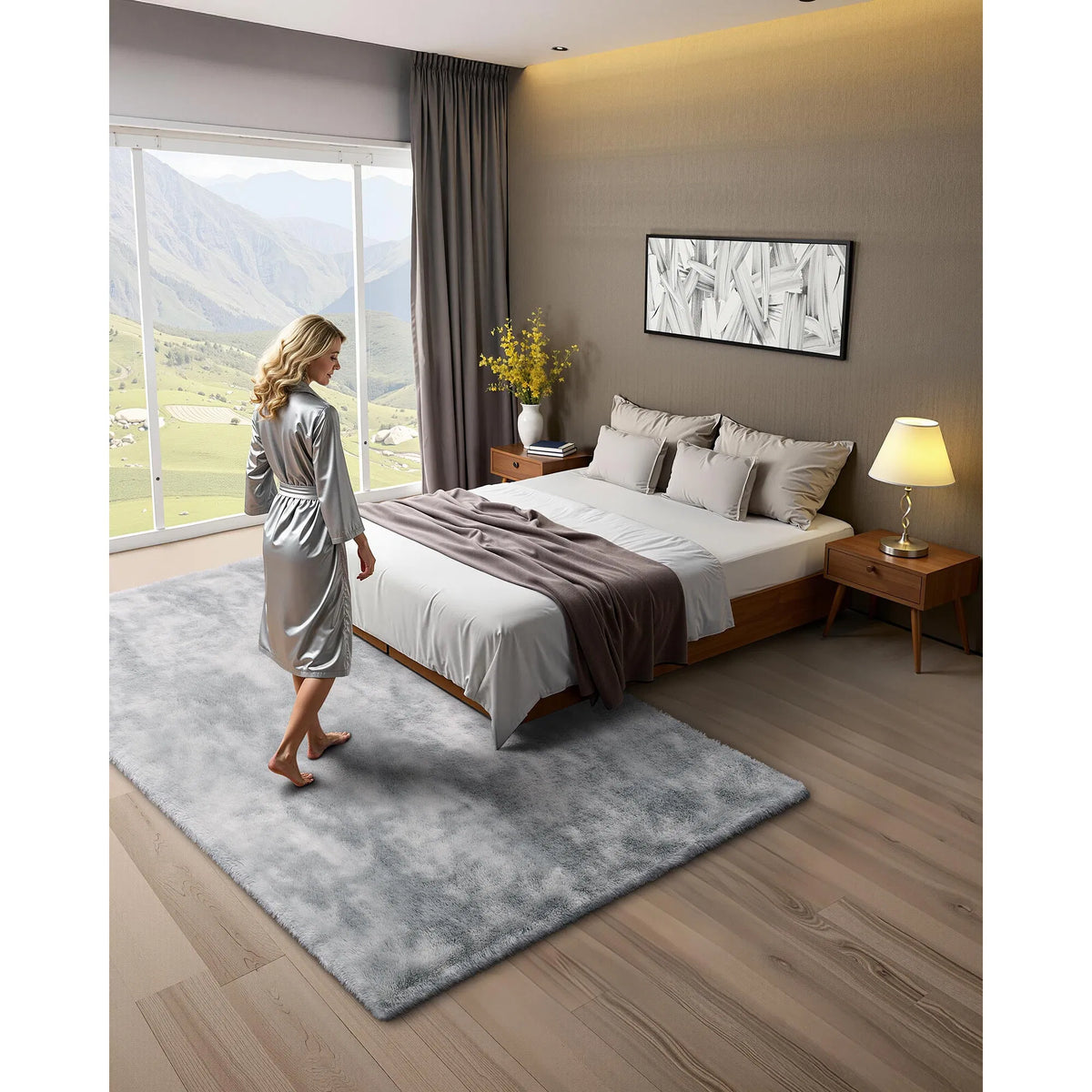 Soft Fluffy Shag Area Rug 6 x 9 ft, Tie-Dye Light Gray, Non-Slip Non-Shedding Plush Carpet for Living Room & Bedroom