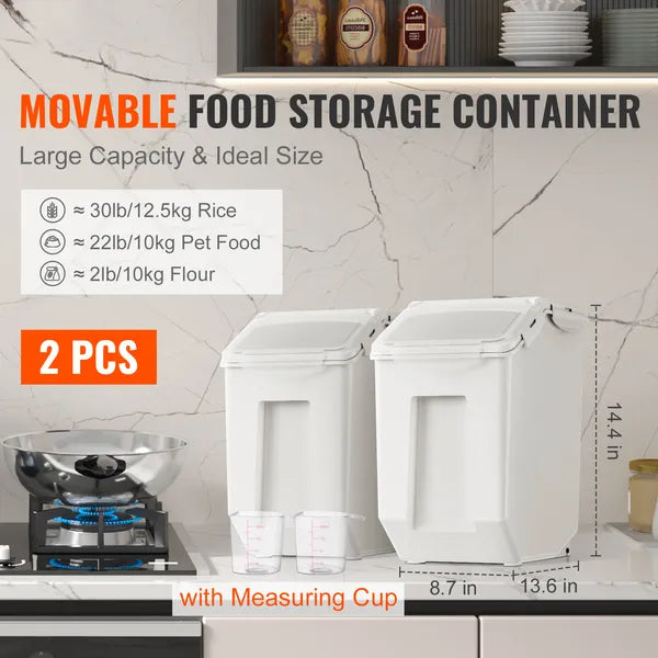 2‑Pack Airtight Food Storage Containers with Wheels & Measuring Cup, 30lb Large Capacity Bins for Rice, Flour, Pet Dry Food