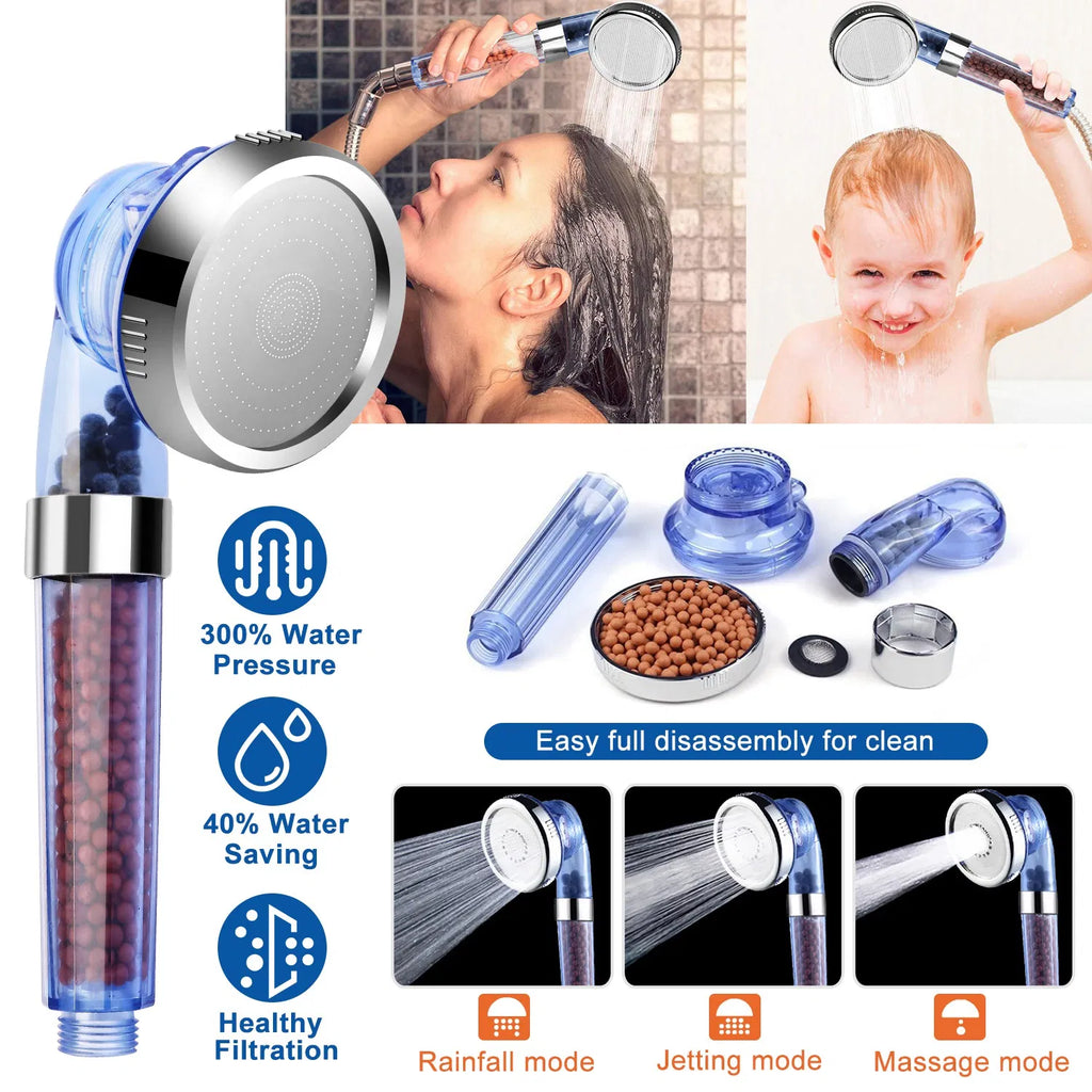 High Pressure Handheld Filtered Shower Head, 3 Spray Modes, Water Softening, Blue