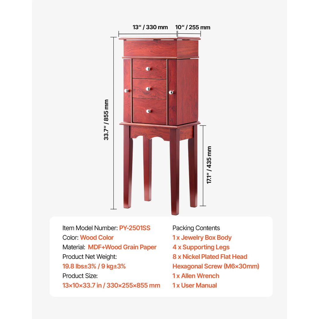 Standing Wood Jewelry Armoire Cabinet, Flip‑Top Mirror, 3 Drawers, 4‑Compartment Top Storage, Zinc‑Alloy Handles, 2 Side Doors with 6 Necklace Hooks
