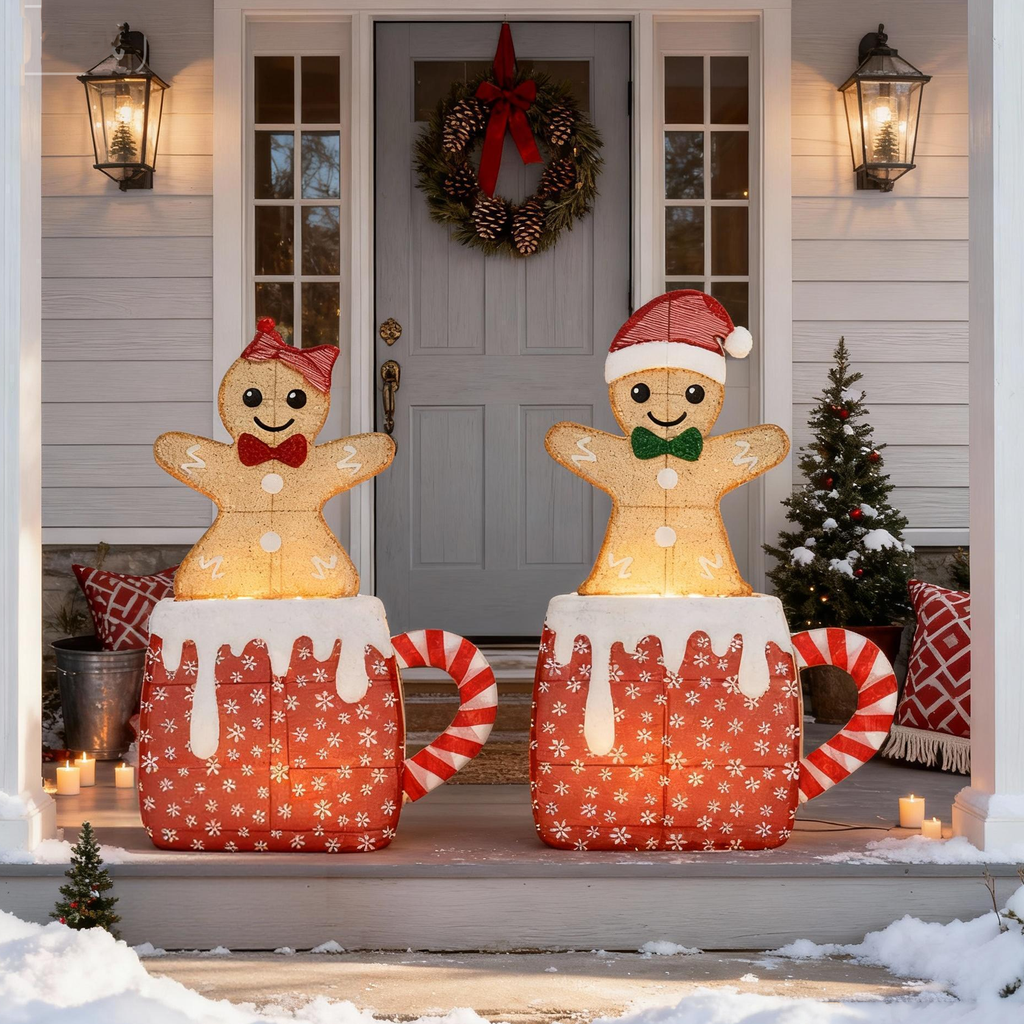 40" Set of 2 lighted 2D tinsel gingerbread couple decorations, featuring cute gingerbread figures sitting inside festive Christmas mugs, plug-in powered with warm glowing lights.