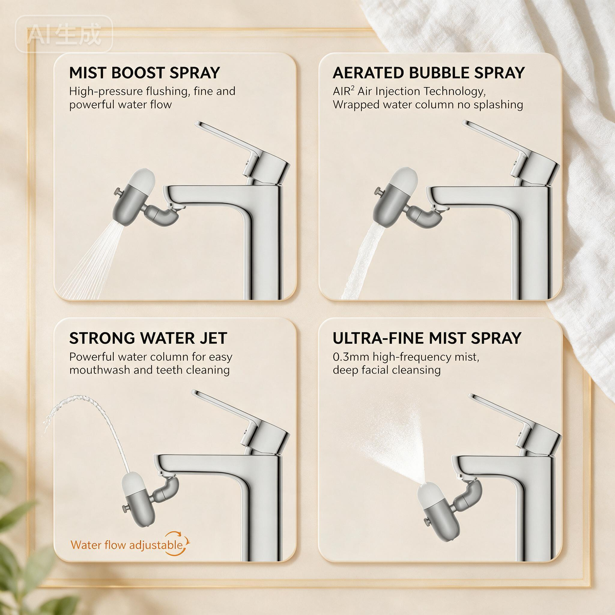 4-Mode Faucet Aerator, Multi-Angle Swivel Sink Extender with Mouth Rinse Fountain, Mist Sprayer & Adapters