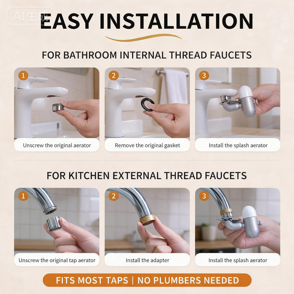4-Mode Faucet Aerator, Multi-Angle Swivel Sink Extender with Mouth Rinse Fountain, Mist Sprayer & Adapters
