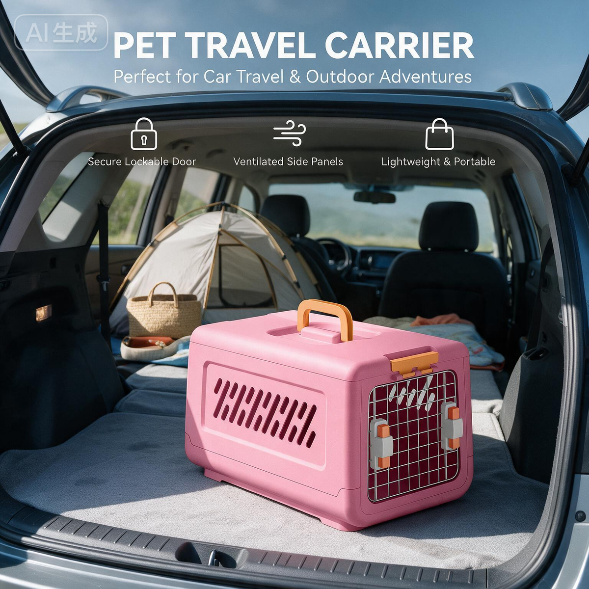 Portable Outdoor Cat Enclosure with Metal Wire Ventilation, Hard-Sided Pet Travel Kennel Carrier for Cats, Puppies, Rabbits and Small Animals
