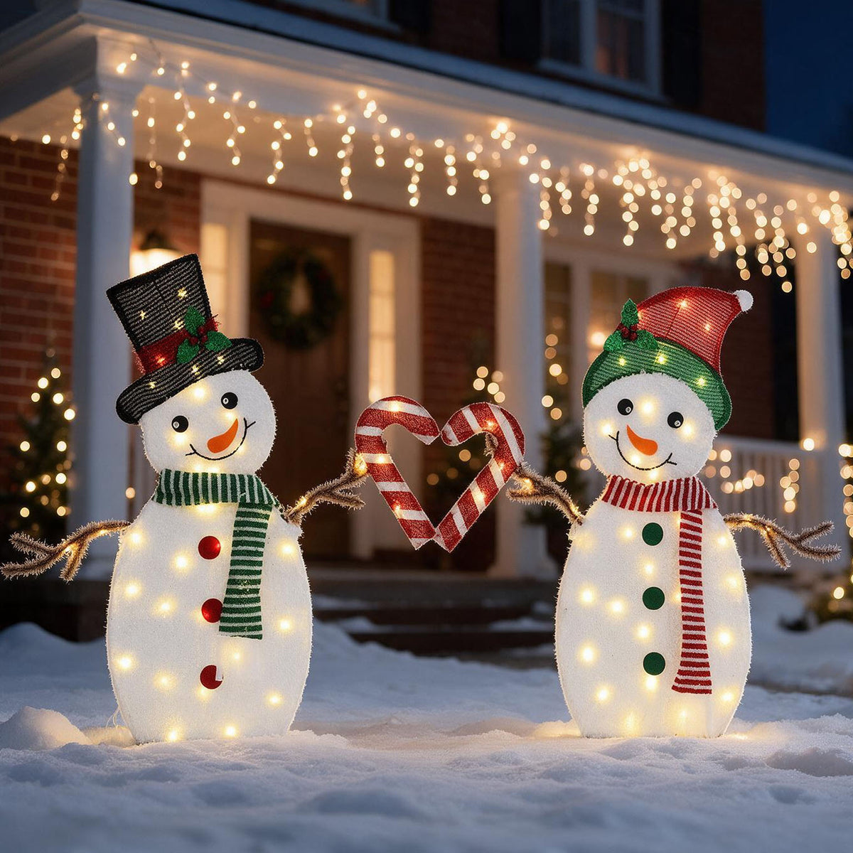 30 Inch Set of 2 Lighted Snowman Couple Christmas Decorations, 2D Tinsel Snowmen with Heart Candy Cane, Plug-in Light Up for Indoor Outdoor Xmas Winter Yard Lawn Garden Decor