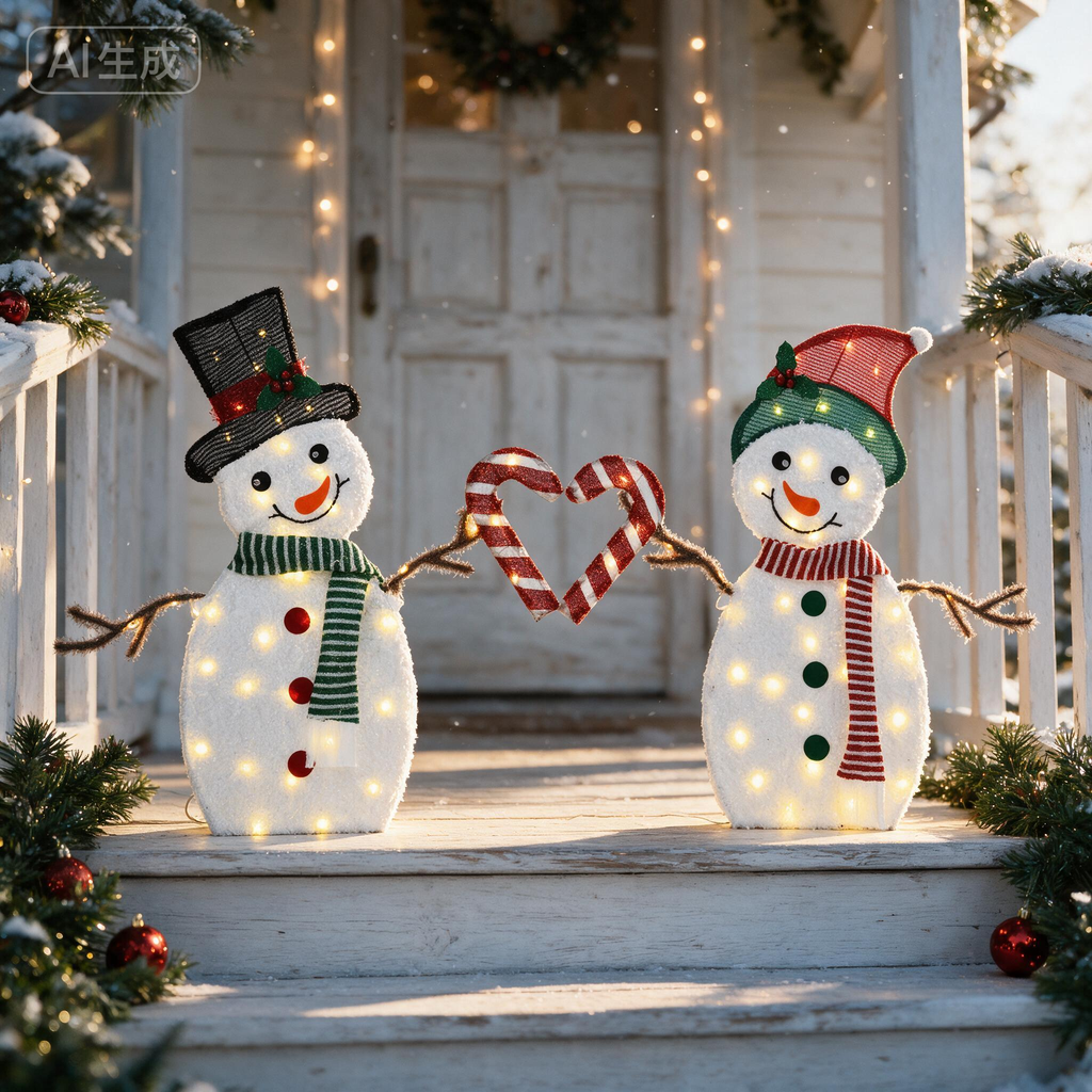 30 Inch Set of 2 Lighted Snowman Couple Christmas Decorations, 2D Tinsel Snowmen with Heart Candy Cane, Plug-in Light Up for Indoor Outdoor Xmas Winter Yard Lawn Garden Decor