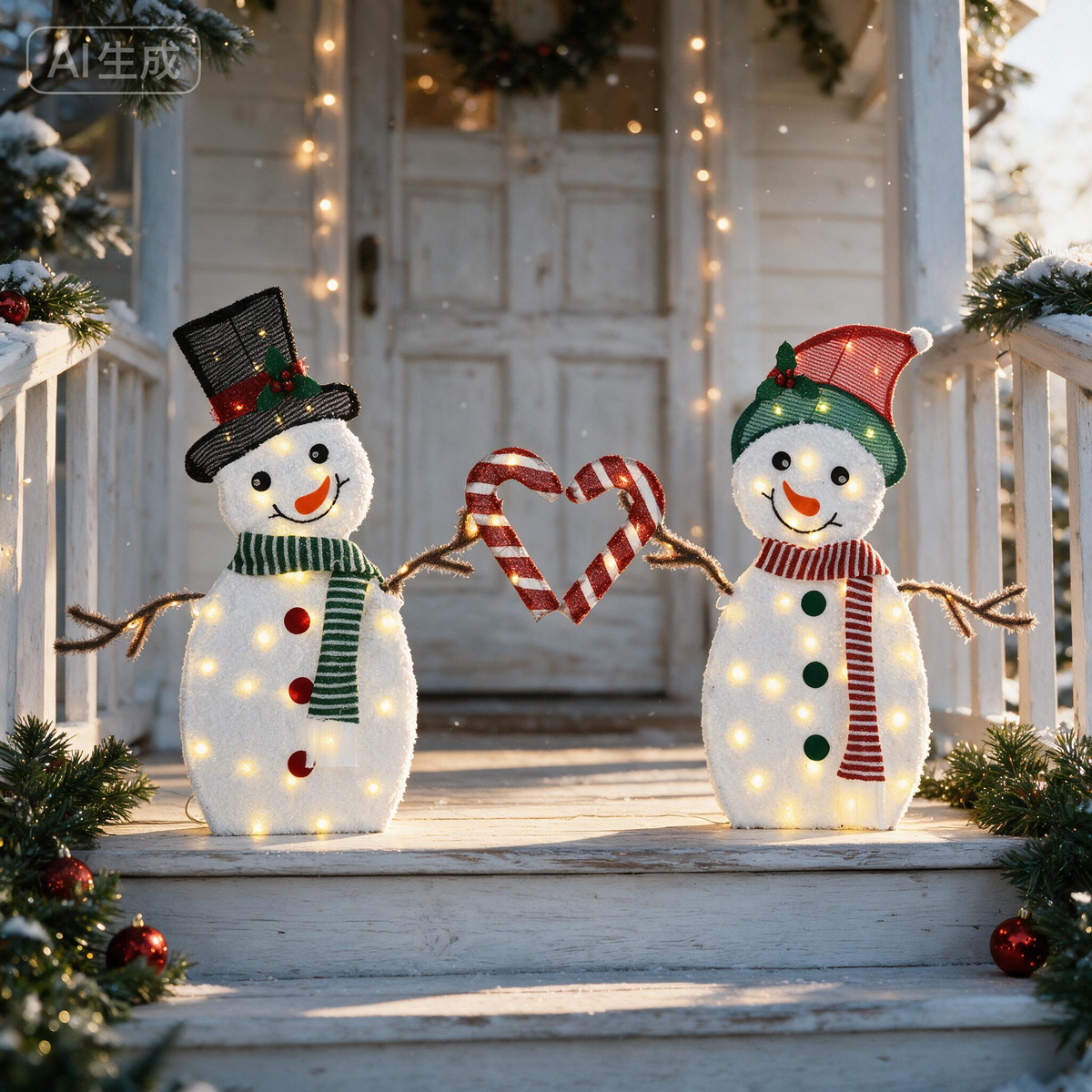 30 Inch Set of 2 Lighted Snowman Couple Christmas Decorations, 2D Tinsel Snowmen with Heart Candy Cane, Plug-in Light Up for Indoor Outdoor Xmas Winter Yard Lawn Garden Decor