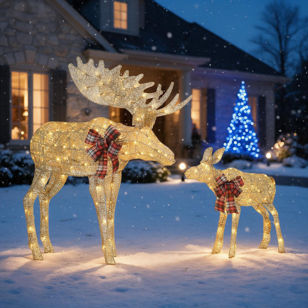 2‑Piece Lighted Christmas Deer Family, Pre‑lit Glittered Standing Ornaments with Stakes Included, Outdoor Yard & Home Holiday Decoration