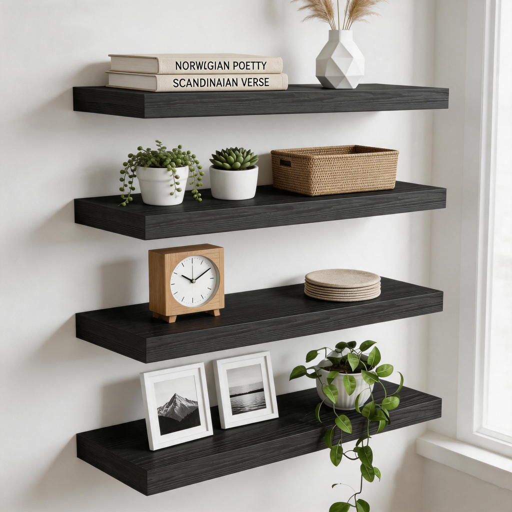 4-Pack 15.8-Inch Floating Wall Shelves, Black Embossed Wood Grain MDF Boards with Iron Brackets for Home Décor and Display