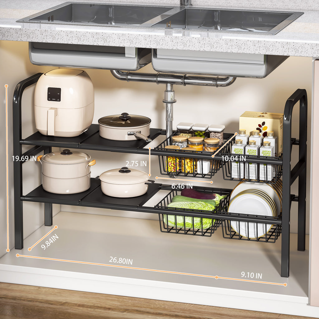 Under Sink Organizer and Storage,2 Tier Expandable Organization and Storage with 4 Panels and 4 Baskets,Cabinet Organizer,Under Sink Shelf,for Kitchen,Bathroom,Laundry Pantry Cabinet