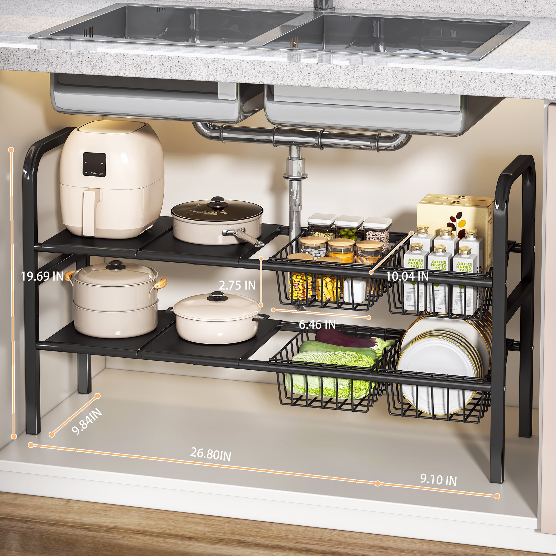 Under Sink Organizer and Storage,2 Tier Expandable Organization and Storage with 4 Panels and 4 Baskets,Cabinet Organizer,Under Sink Shelf,for Kitchen,Bathroom,Laundry Pantry Cabinet