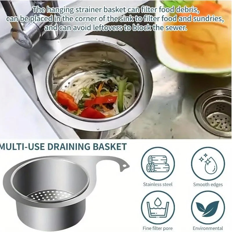 Stainless Steel Swan Sink Strainer Basket, Hanging Kitchen Drain Basket with Fine Holes, Multi-Use Food Waste Strainer for Sink Corner, Fruit Vegetable Draining Colander