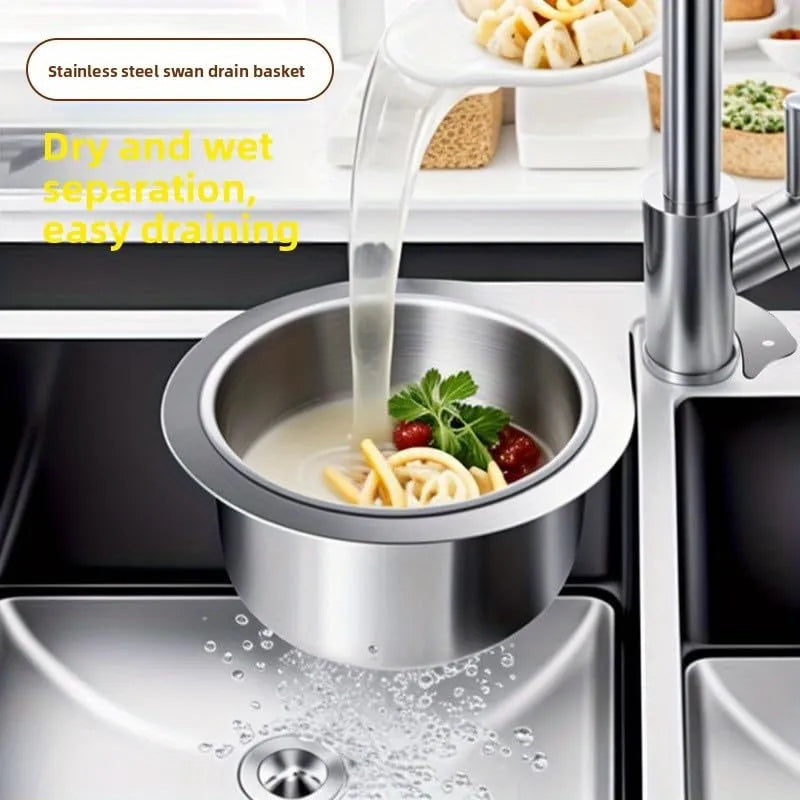 Stainless Steel Swan Sink Strainer Basket, Hanging Kitchen Drain Basket with Fine Holes, Multi-Use Food Waste Strainer for Sink Corner, Fruit Vegetable Draining Colander