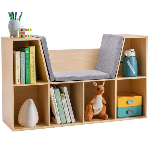 Aeelleea Wooden Storage Bench with Cushion, 40.5" Multi-Cube Open Bookshelf, Reading Nook Seat Cabinet for Kids Room