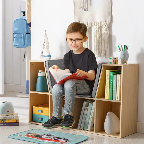 Aeelleea Wooden Storage Bench with Cushion, 40.5" Multi-Cube Open Bookshelf, Reading Nook Seat Cabinet for Kids Room