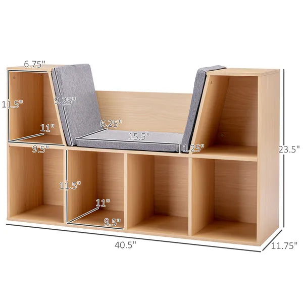Aeelleea Wooden Storage Bench with Cushion, 40.5" Multi-Cube Open Bookshelf, Reading Nook Seat Cabinet for Kids Room