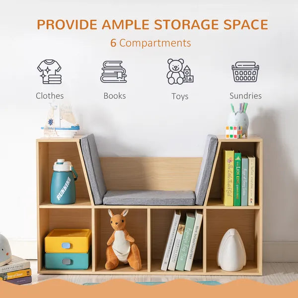 Aeelleea Wooden Storage Bench with Cushion, 40.5" Multi-Cube Open Bookshelf, Reading Nook Seat Cabinet for Kids Room