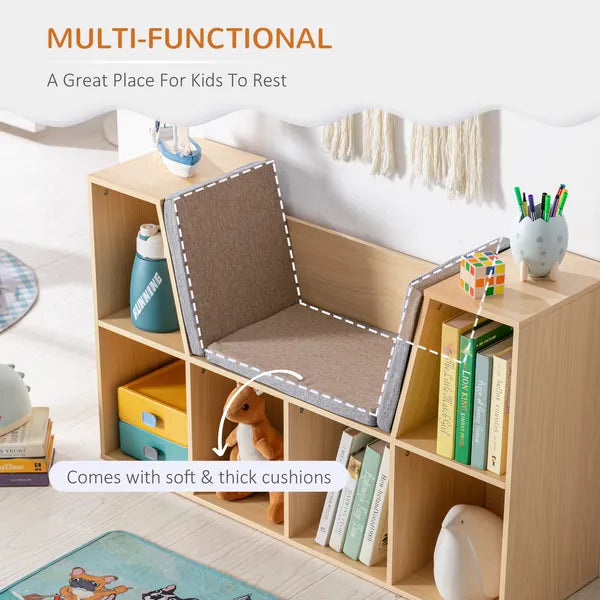 Aeelleea Wooden Storage Bench with Cushion, 40.5" Multi-Cube Open Bookshelf, Reading Nook Seat Cabinet for Kids Room
