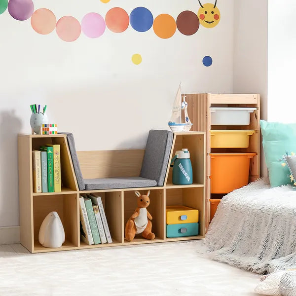 Aeelleea Wooden Storage Bench with Cushion, 40.5" Multi-Cube Open Bookshelf, Reading Nook Seat Cabinet for Kids Room