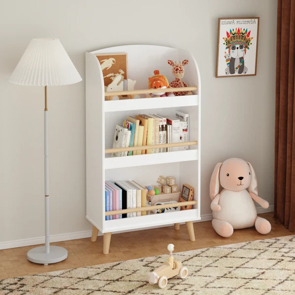 Aeelleea 3-Tier Kids Bookshelf, 19.68×9.44×37.40 Inch White Toddler Book Display Storage Rack, Book & Toy Organizer Cabinet for Nursery Playroom