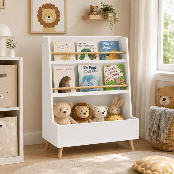Aeelleea Kids Bookshelf with Toy Storage, 26.77×12.60×36.61 Inch White Toddler Book Display Rack, 2-Tier Front-Facing Book Shelf for Playroom Nursery
