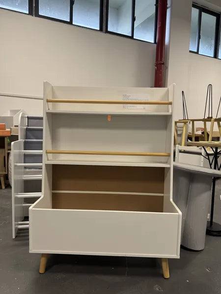 Aeelleea Kids Bookshelf with Toy Storage, 26.77×12.60×36.61 Inch White Toddler Book Display Rack, 2-Tier Front-Facing Book Shelf for Playroom Nursery