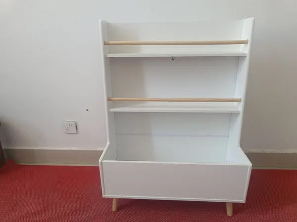 Aeelleea Kids Bookshelf with Toy Storage, 26.77×12.60×36.61 Inch White Toddler Book Display Rack, 2-Tier Front-Facing Book Shelf for Playroom Nursery
