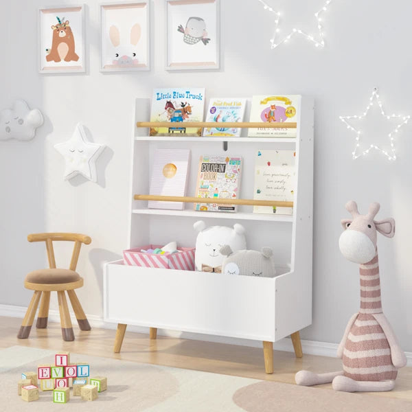 Aeelleea Kids Bookshelf with Toy Storage, 26.77×12.60×36.61 Inch White Toddler Book Display Rack, 2-Tier Front-Facing Book Shelf for Playroom Nursery