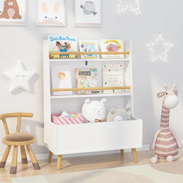 Aeelleea Kids Bookshelf with Toy Storage, 26.77×12.60×36.61 Inch White Toddler Book Display Rack, 2-Tier Front-Facing Book Shelf for Playroom Nursery