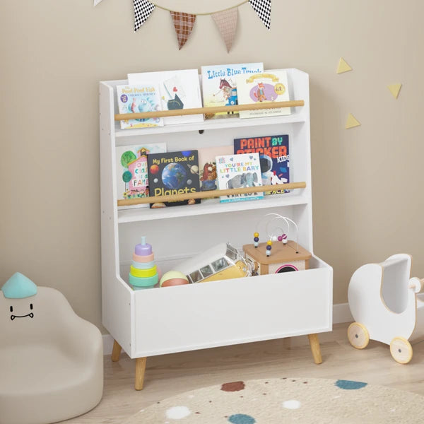 Aeelleea Kids Bookshelf with Toy Storage, 26.77×12.60×36.61 Inch White Toddler Book Display Rack, 2-Tier Front-Facing Book Shelf for Playroom Nursery
