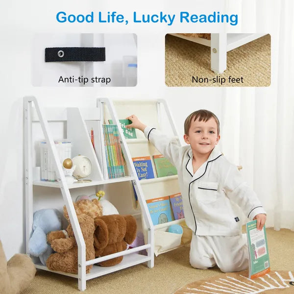 Aeelleea Kids Freestanding Metal Bookshelf, Large Capacity Multi-Tier Book Rack Organizer for Playroom & Children Bedroom