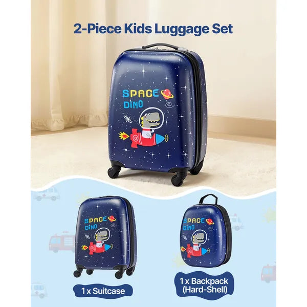 Aeelleea 2Pcs Kids Luggage Set, 18 Inch Hard Shell Spinner Suitcase with Backpack, Dino Pattern Carry On Luggage for Boys Girls, Airline Approved