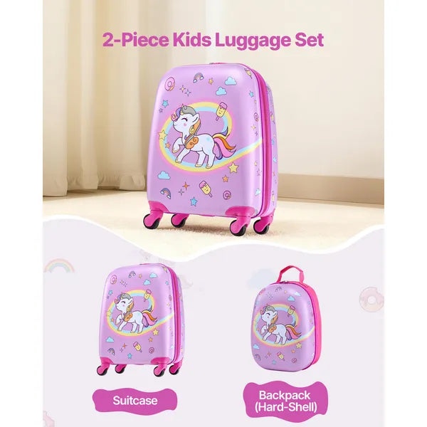 Aeelleea 2Pcs Kids Luggage Set, 18 Inch Unicorn Hard Shell Rolling Suitcase with Backpack, Carry On Travel Luggage for Boys Girls