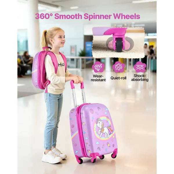 Aeelleea 2Pcs Kids Luggage Set, 18 Inch Unicorn Hard Shell Rolling Suitcase with Backpack, Carry On Travel Luggage for Boys Girls