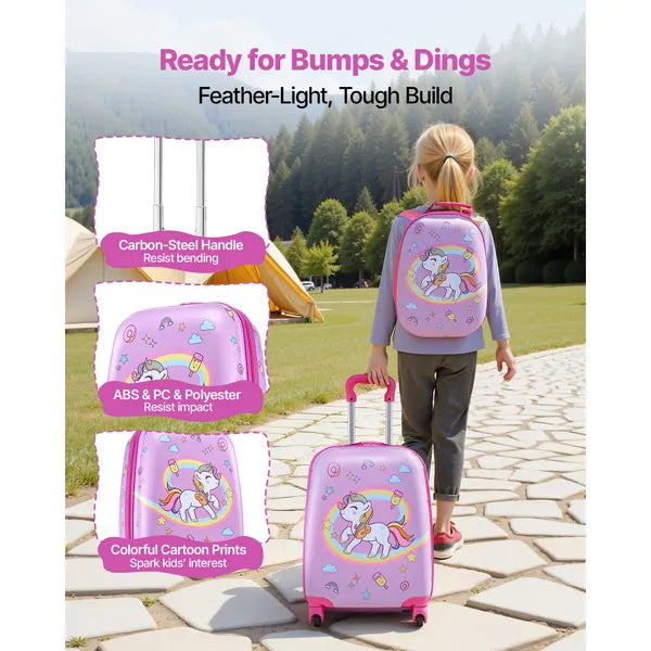 Aeelleea 2Pcs Kids Luggage Set, 18 Inch Unicorn Hard Shell Rolling Suitcase with Backpack, Carry On Travel Luggage for Boys Girls