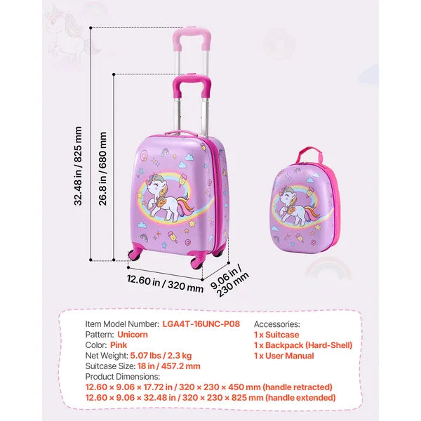 Aeelleea 2Pcs Kids Luggage Set, 18 Inch Unicorn Hard Shell Rolling Suitcase with Backpack, Carry On Travel Luggage for Boys Girls