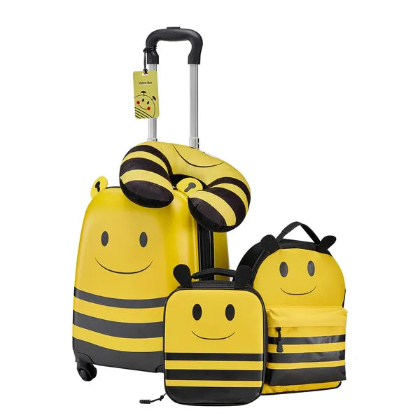 Aeelleea 18 Inch Bee Kids Luggage Set, 5 Piece Hard Shell Rolling Suitcase with Backpack & U Pillow, Airline Approved Carry On Gift for Boys Girls