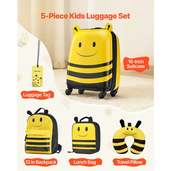 Aeelleea 18 Inch Bee Kids Luggage Set, 5 Piece Hard Shell Rolling Suitcase with Backpack & U Pillow, Airline Approved Carry On Gift for Boys Girls