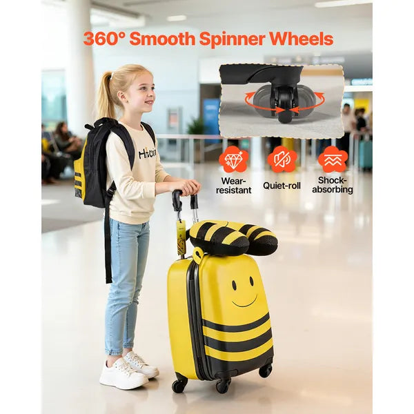 Aeelleea 18 Inch Bee Kids Luggage Set, 5 Piece Hard Shell Rolling Suitcase with Backpack & U Pillow, Airline Approved Carry On Gift for Boys Girls