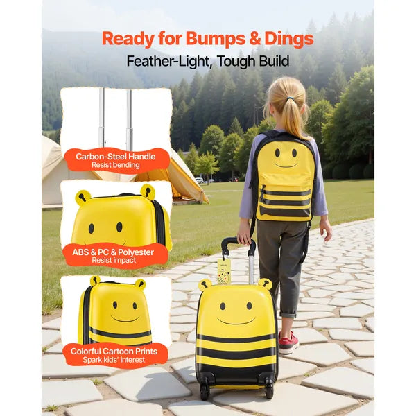 Aeelleea 18 Inch Bee Kids Luggage Set, 5 Piece Hard Shell Rolling Suitcase with Backpack & U Pillow, Airline Approved Carry On Gift for Boys Girls