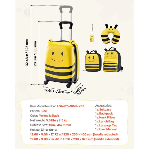 Aeelleea 18 Inch Bee Kids Luggage Set, 5 Piece Hard Shell Rolling Suitcase with Backpack & U Pillow, Airline Approved Carry On Gift for Boys Girls
