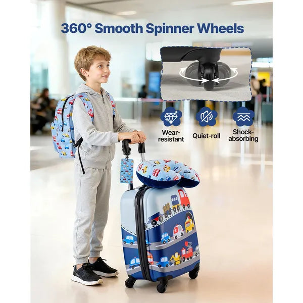 Aeelleea 5Pcs Kids Luggage Set,18 Inch Hard Shell Spinner Suitcase with Backpack & U Pillow, Truck Pattern Carry On for Boys Girls, Airline Approved