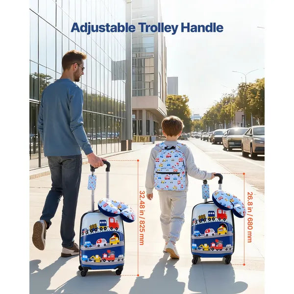 Aeelleea 5Pcs Kids Luggage Set,18 Inch Hard Shell Spinner Suitcase with Backpack & U Pillow, Truck Pattern Carry On for Boys Girls, Airline Approved