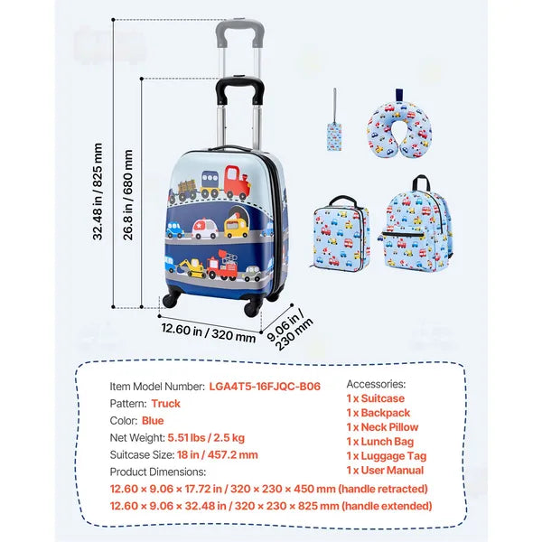 Aeelleea 5Pcs Kids Luggage Set,18 Inch Hard Shell Spinner Suitcase with Backpack & U Pillow, Truck Pattern Carry On for Boys Girls, Airline Approved