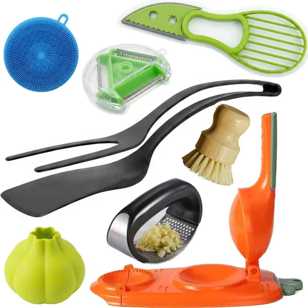 8pc Kitchen Accessories Set - Bamboo Dish Brush, Avocado Slicer, Garlic Press & Peeler, Dumpling Maker & Tongs, Hand Wash