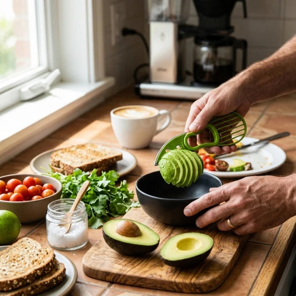 8pc Kitchen Accessories Set - Bamboo Dish Brush, Avocado Slicer, Garlic Press & Peeler, Dumpling Maker & Tongs, Hand Wash